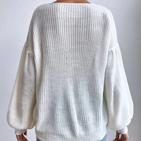 Boho Crochet Floral Detail Knit Sweater top cream - Picture 3 of 6